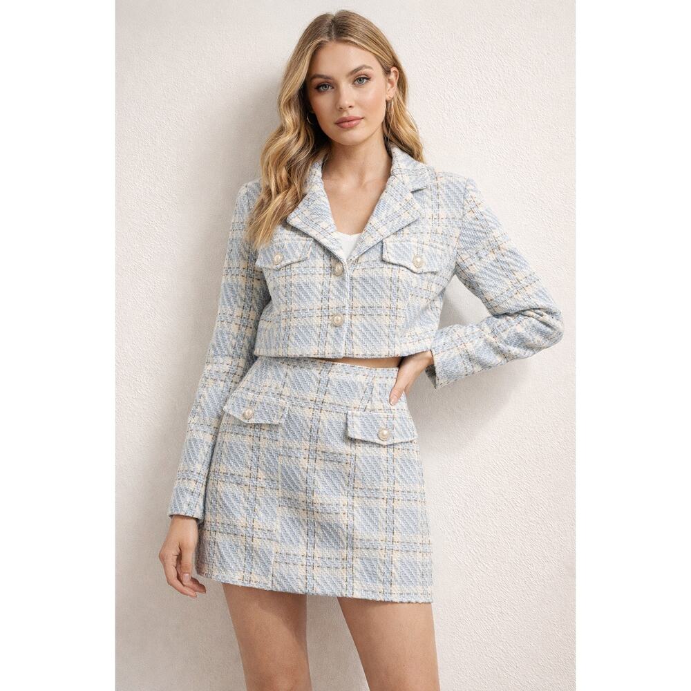 Vogue Vibes Inspired Two-Piece Blue Plaid cropped Blazer and Skirt